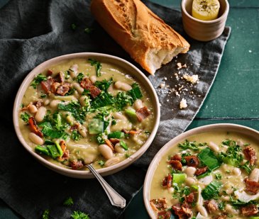Bacon, Sausage white bean and leek soup using Naked bacon and sausages with no nasties.