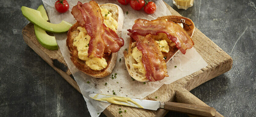 Finnebrogue Naked Streaky Bacon Rashers with Scrambled Eggs.