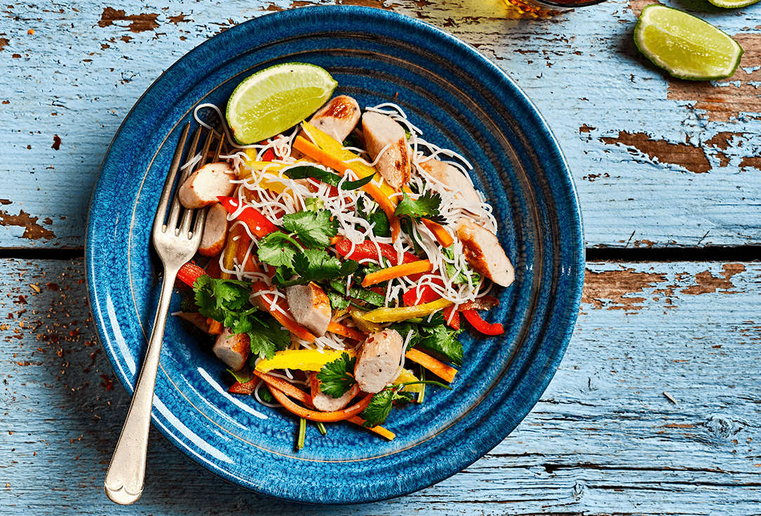 Crunchy sweet chilli chicken Thai salad with a twist - using NEW Finnebrogue Naked chicken chipolatas.