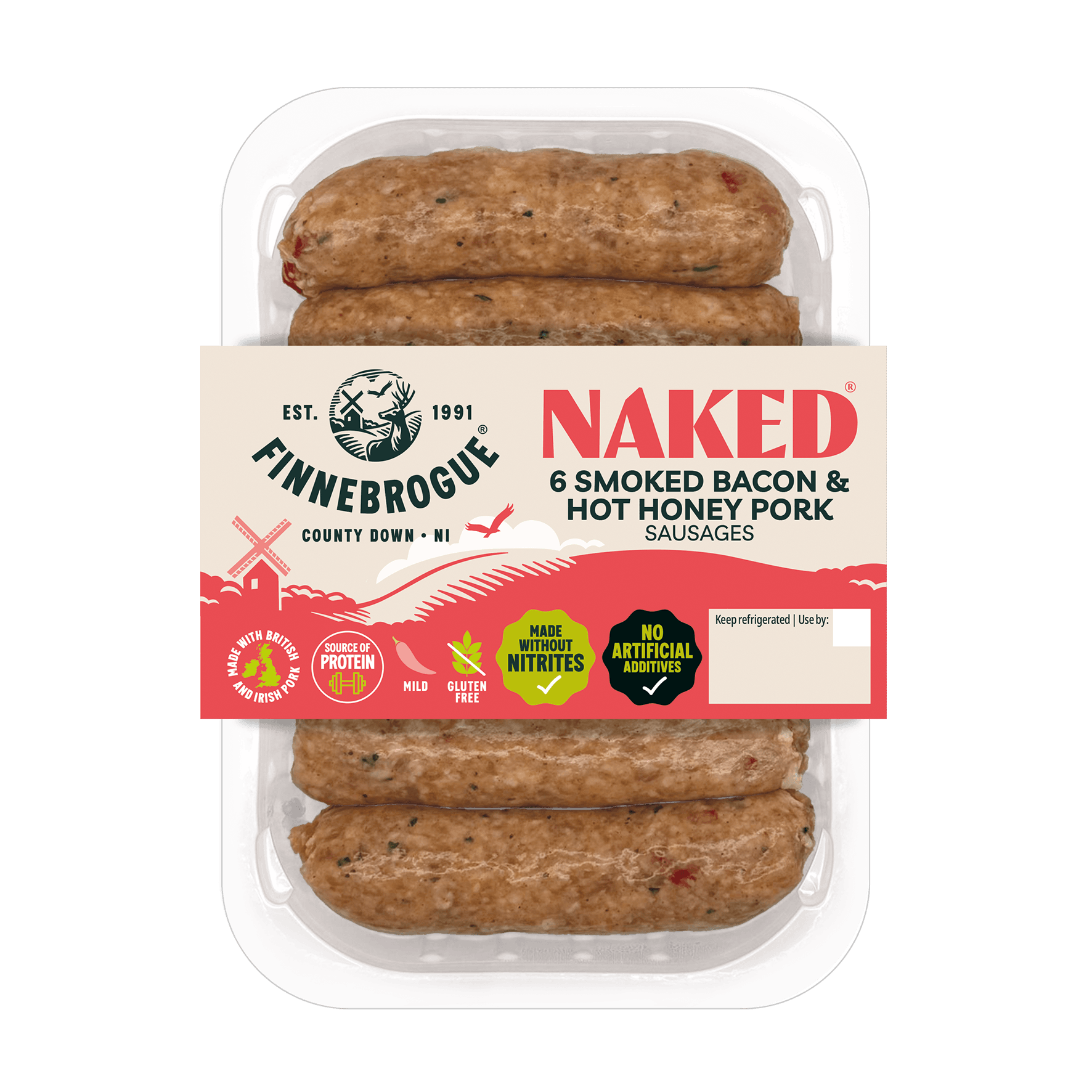 Finnebrogue Naked 6 Smoked Bacon and Hot Honey Pork Sausages